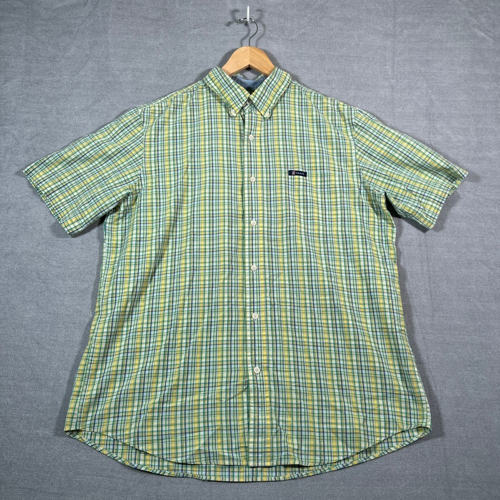 Chaps Easy Care Plaid Button Down Short Sleeve Shirt Mens L Green Yellow Cotton